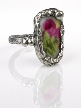Royal Albert Old Country Roses Broken China Ring - Boho Silver Blend Size 6.5